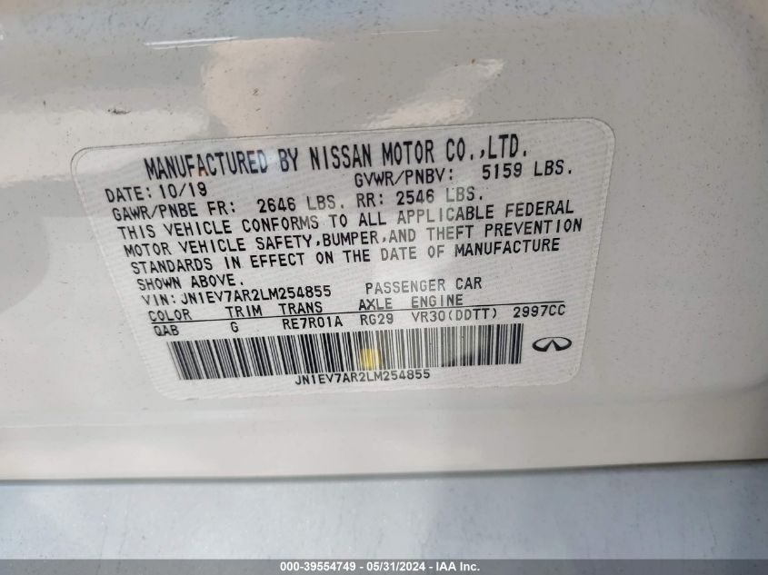 2020 Infiniti Q50 Luxe Awd VIN: JN1EV7AR2LM254855 Lot: 39554749