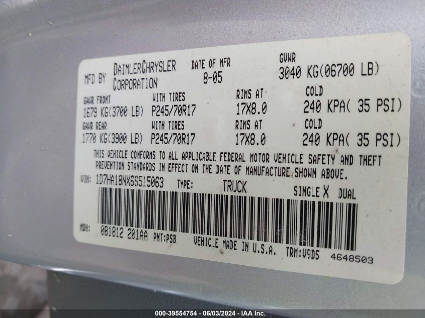 2006 Dodge Ram 1500 St/Slt VIN: 1D7HA18NX6S515063 Lot: 39554754