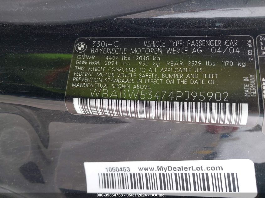 2004 BMW 330Ci VIN: WBABW53474PJ95902 Lot: 39554758