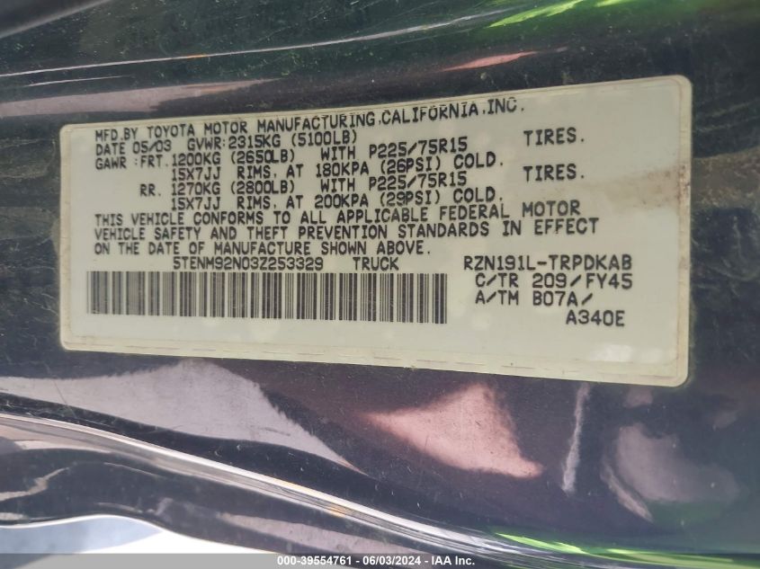 2003 Toyota Tacoma Prerunner VIN: 5TENM92N03Z253329 Lot: 39554761