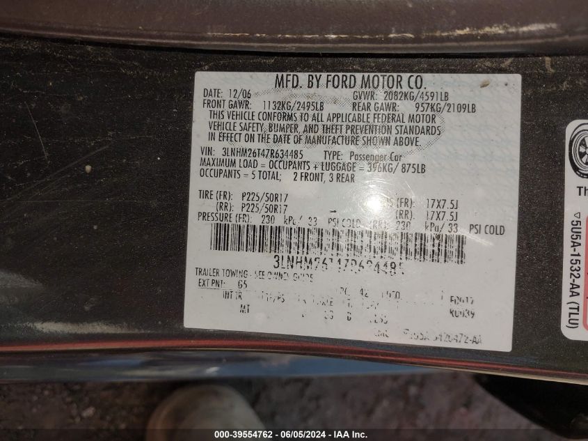 2007 Lincoln Mkz VIN: 3LNHM26T47R634485 Lot: 39554762