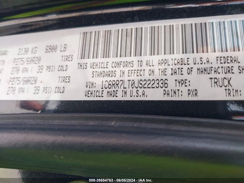 2018 Ram 1500 Big Horn 4X4 5'7 Box VIN: 1C6RR7LT0JS222336 Lot: 39554763