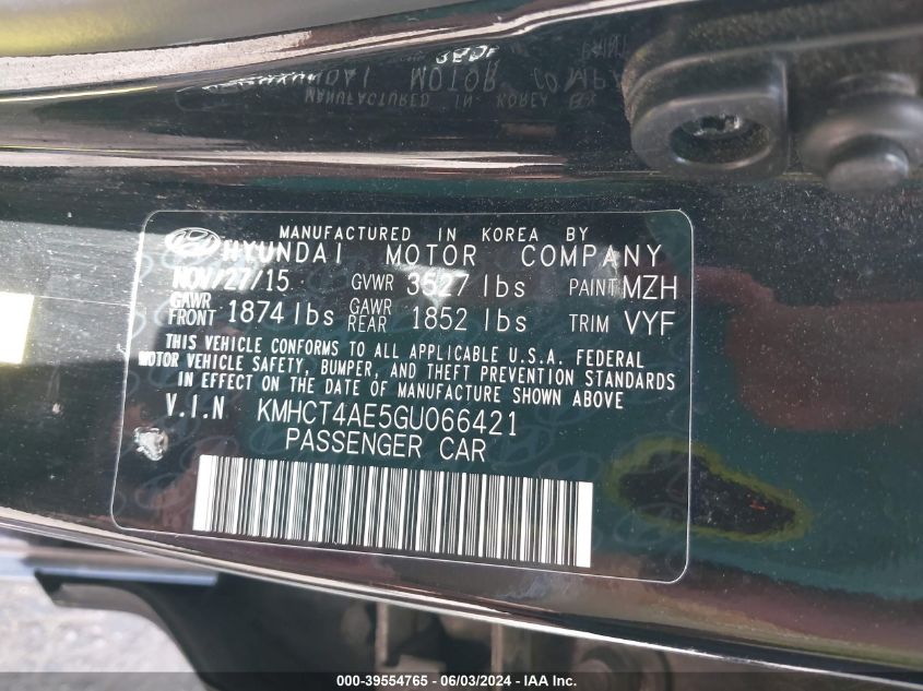 2016 Hyundai Accent Se VIN: KMHCT4AE5GU066421 Lot: 39554765