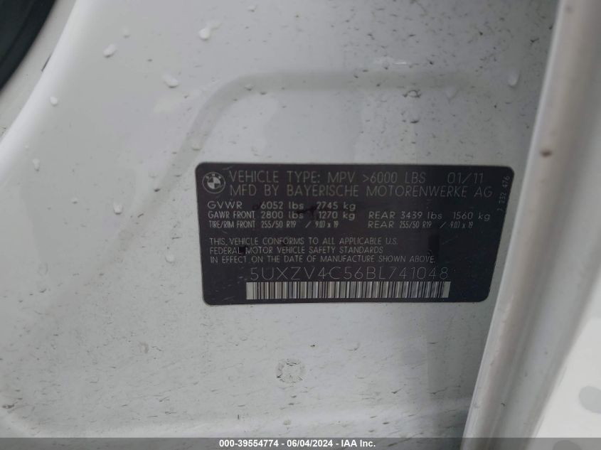 2011 BMW X5 xDrive35I/xDrive35I Premium/xDrive35I Sport Activity VIN: 5UXZV4C56BL741048 Lot: 39554774