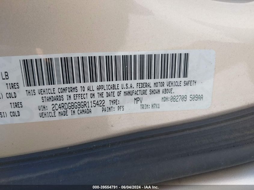 2016 Dodge Grand Caravan American Value Pkg VIN: 2C4RDGBG9GR115422 Lot: 39554791