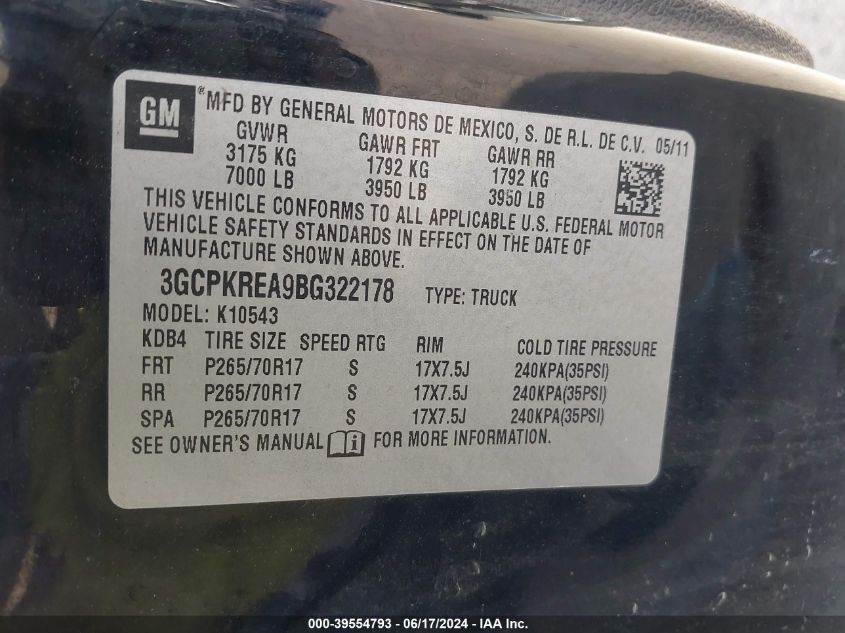 2011 Chevrolet Silverado 1500 Ls VIN: 3GCPKREA9BG322178 Lot: 39554793