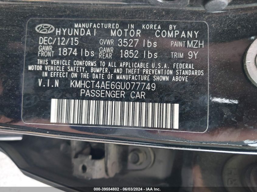 2016 Hyundai Accent Se VIN: KMHCT4AE6GU077749 Lot: 39554802