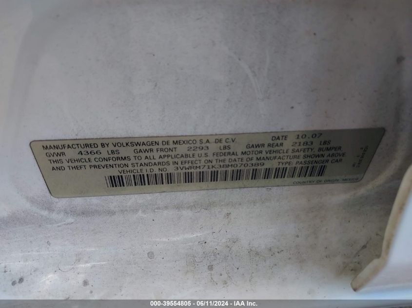 2008 Volkswagen Jetta Se/Sel VIN: 3VWRM71K38M070389 Lot: 39554805