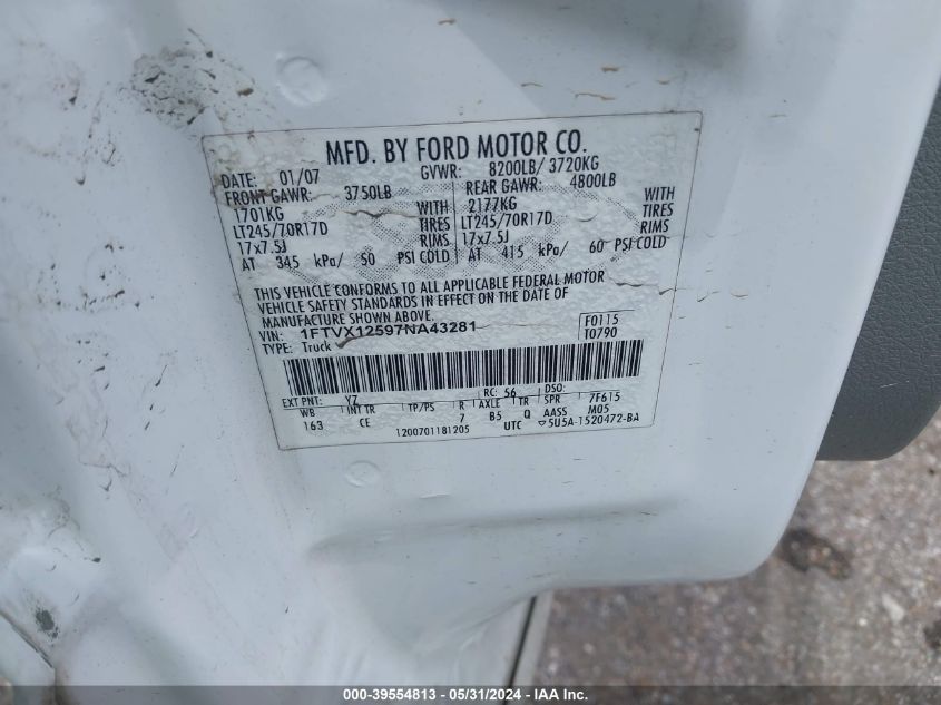 2007 Ford F-150 Xl/Xlt VIN: 1FTVX12597NA43281 Lot: 39554813