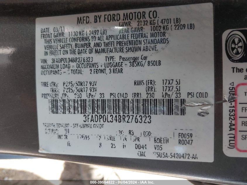 2011 Ford Fusion Hybrid VIN: 3FADP0L34BR276323 Lot: 39554822