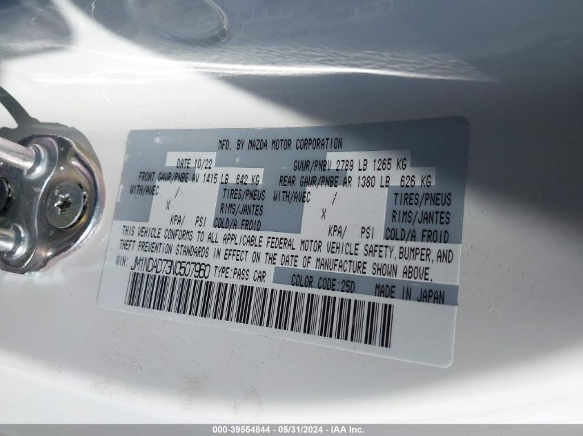 2022 Mazda Mx-5 Miata Grand Touring VIN: JM1NDAD73N0507960 Lot: 39554844