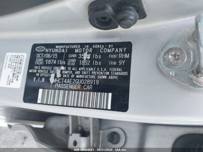 2016 Hyundai Accent Se VIN: KMHCT4AE2GU028919 Lot: 39554861