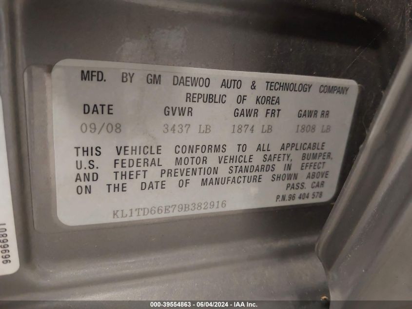 2009 Chevrolet Aveo Ls VIN: KL1TD66E79B382916 Lot: 39554863