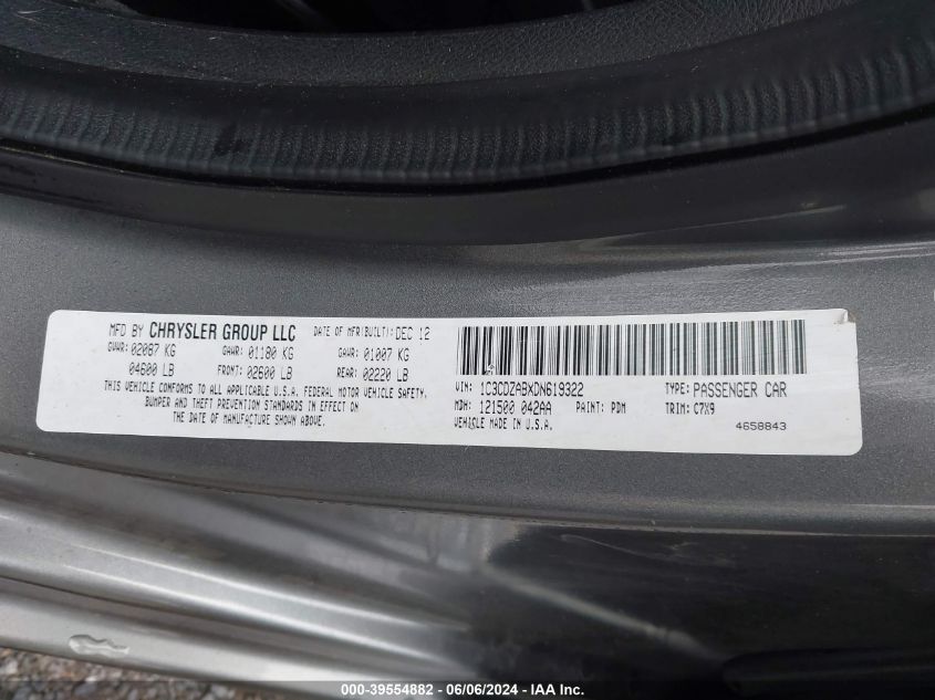 2013 Dodge Avenger Se VIN: 1C3CDZABXDN619322 Lot: 39554882