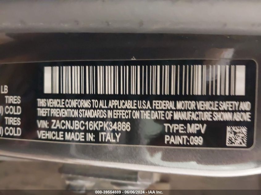 2019 Jeep Renegade Trailhawk 4X4 VIN: ZACNJBC16KPK34866 Lot: 39554889