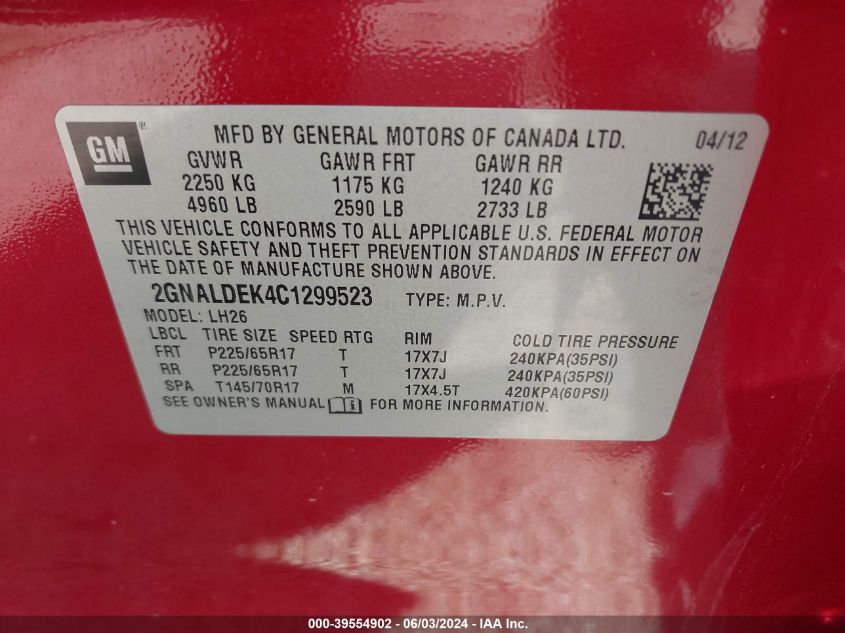 2012 Chevrolet Equinox 1Lt VIN: 2GNALDEK4C1299523 Lot: 39554902