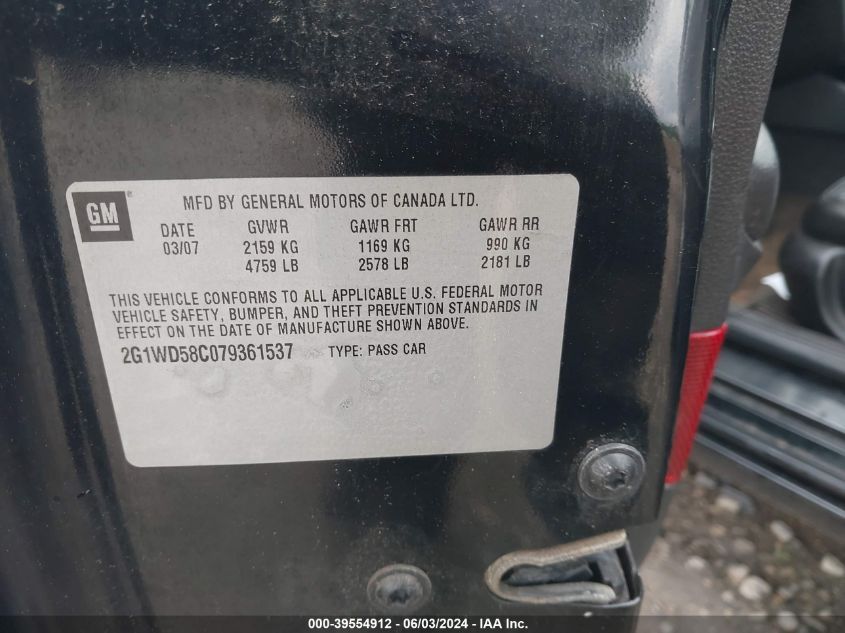 2007 Chevrolet Impala Ss VIN: 2G1WD58C079361537 Lot: 39554912