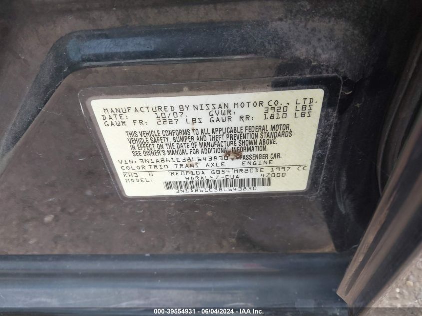 2008 Nissan Sentra 2.0S VIN: 3N1AB61E38L643830 Lot: 39554931