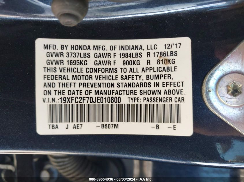 2018 Honda Civic Ex VIN: 19XFC2F70JE010800 Lot: 39554936