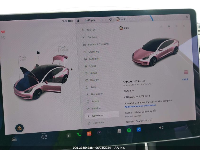 2020 Tesla Model 3 Standard Range Plus Rear-Wheel Drive/Standard Range Rear-Wheel Drive VIN: 5YJ3E1EA1LF805744 Lot: 39554938