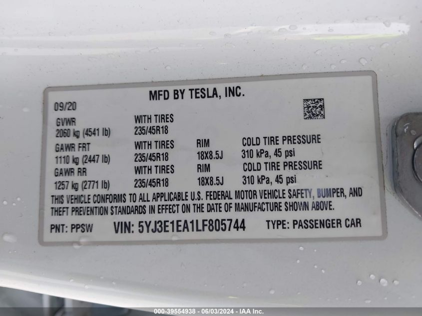 2020 Tesla Model 3 Standard Range Plus Rear-Wheel Drive/Standard Range Rear-Wheel Drive VIN: 5YJ3E1EA1LF805744 Lot: 39554938