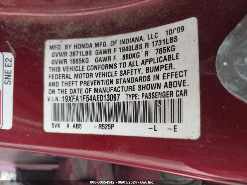 2010 Honda Civic Lx VIN: 19XFA1F54AE013097 Lot: 39554942