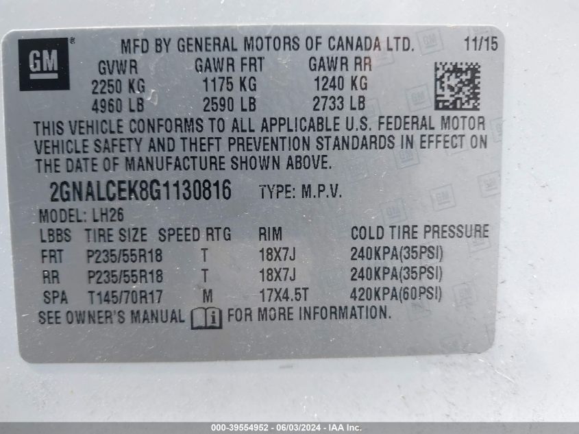 2016 CHEVROLET EQUINOX LT - 2GNALCEK8G1130816