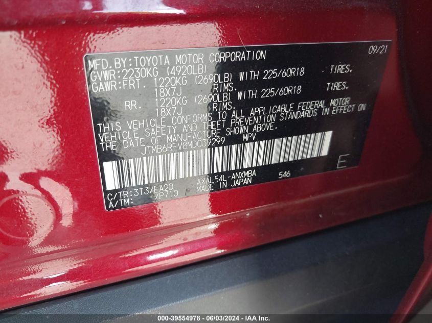 2021 Toyota Rav4 Xle Premium Hybrid VIN: JTMB6RFV8MD039299 Lot: 39554978