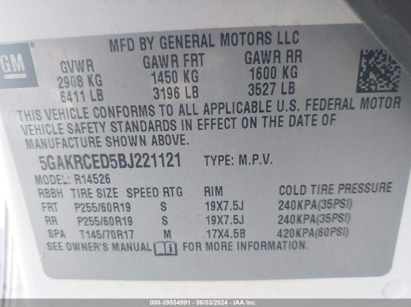 2011 Buick Enclave 2Xl VIN: 5GAKRCED5BJ221121 Lot: 39554991