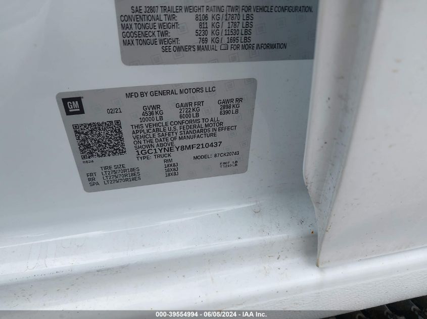 2021 Chevrolet Silverado 2500Hd 4Wd Standard Bed Lt VIN: 1GC1YNEY8MF210437 Lot: 39554994
