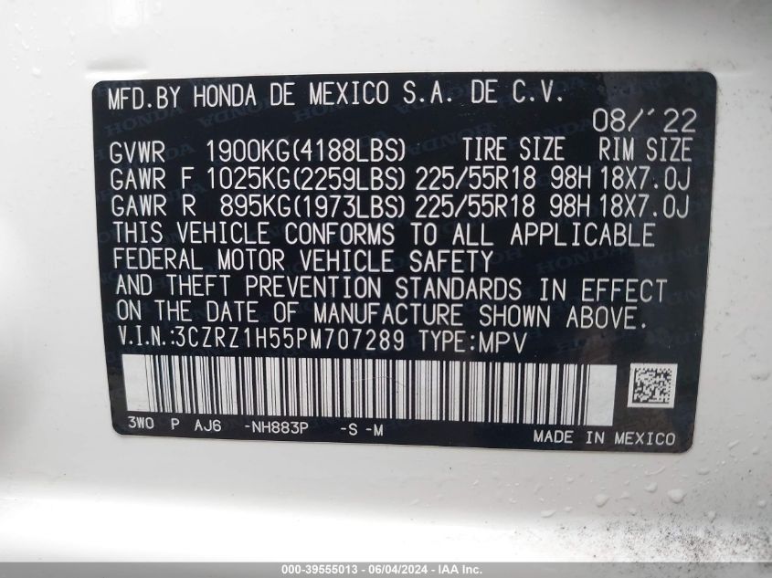 2023 Honda Hr-V 2Wd Sport VIN: 3CZRZ1H55PM707289 Lot: 39555013