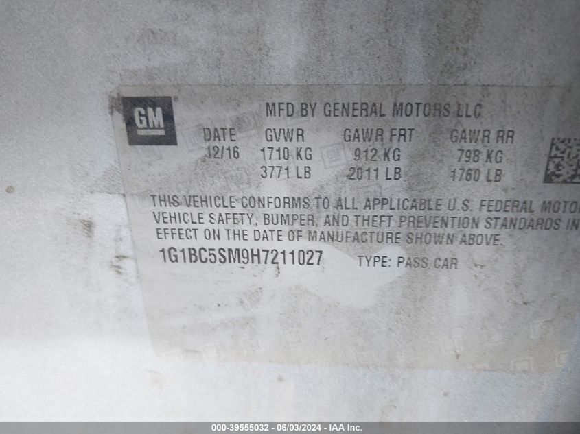 2017 Chevrolet Cruze Ls Auto VIN: 1G1BC5SM9H7211027 Lot: 39555032