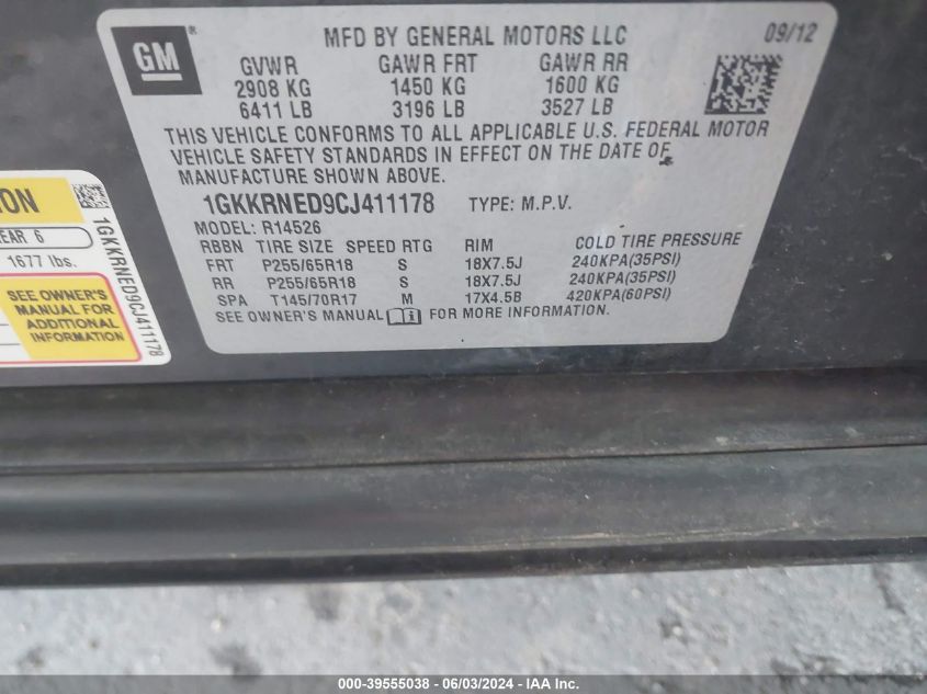 2012 GMC Acadia Sl VIN: 1GKKRNED9CJ411178 Lot: 39555038