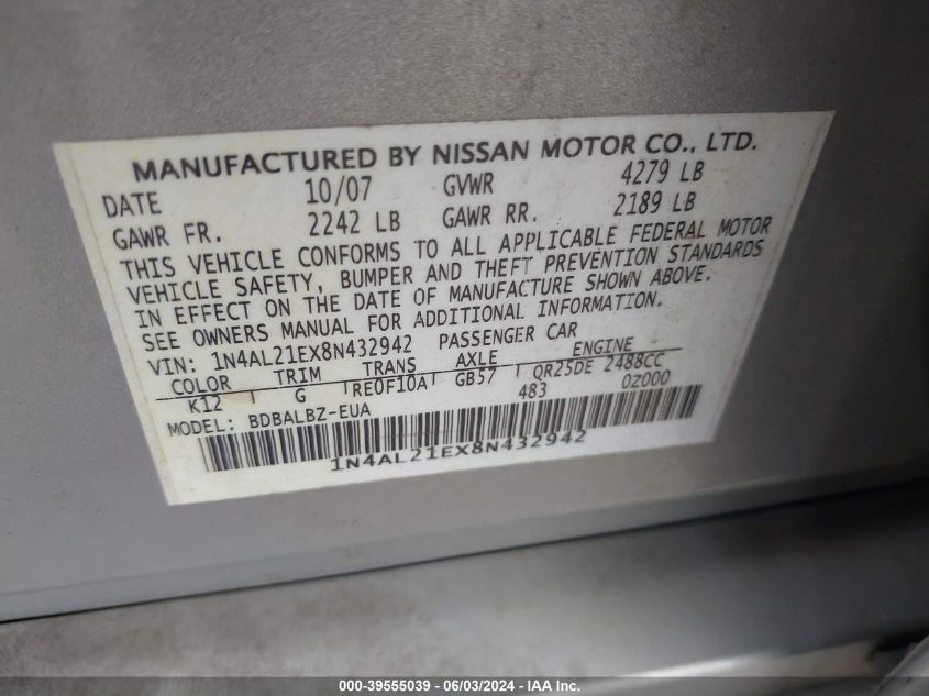 2008 Nissan Altima 2.5 S VIN: 1N4AL21EX8N432942 Lot: 39555039