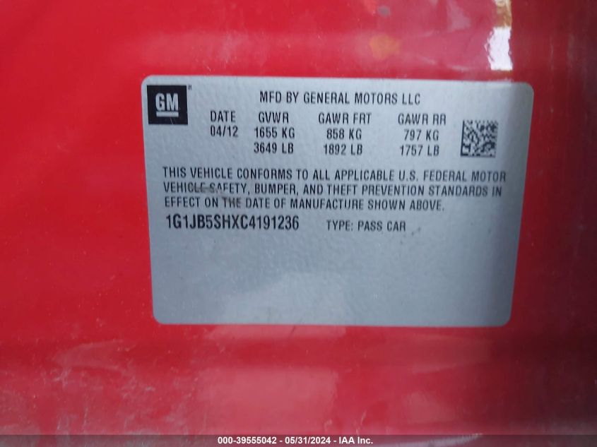 2012 Chevrolet Sonic 1Ls VIN: 1G1JB5SHXC4191236 Lot: 39555042