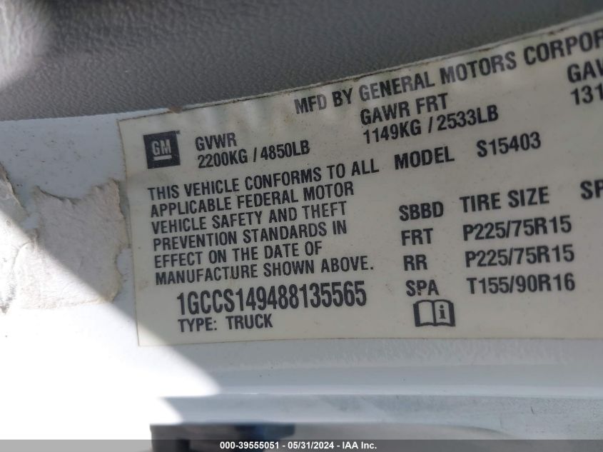 2008 Chevrolet Colorado Ls VIN: 1GCCS149488135565 Lot: 39555051
