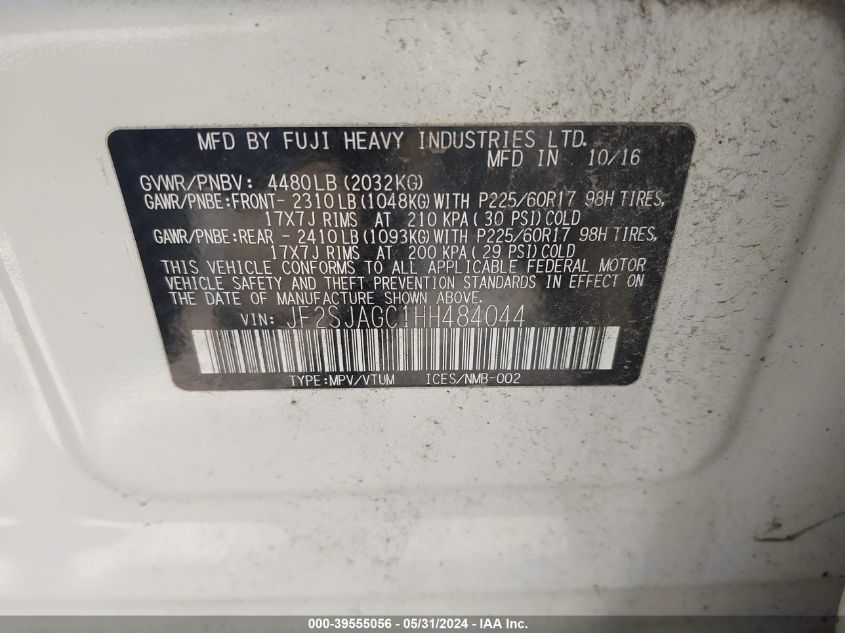 2017 Subaru Forester 2.5I Premium VIN: JF2SJAGC1HH484044 Lot: 39555056