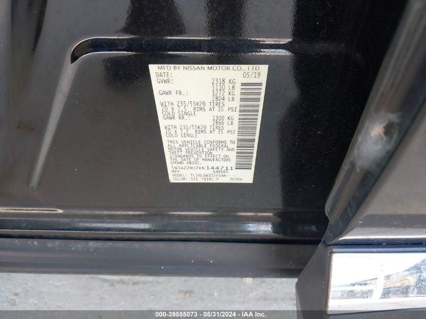 2019 Nissan Murano Platinum VIN: 5N1AZ2MJ2KN144711 Lot: 39555073