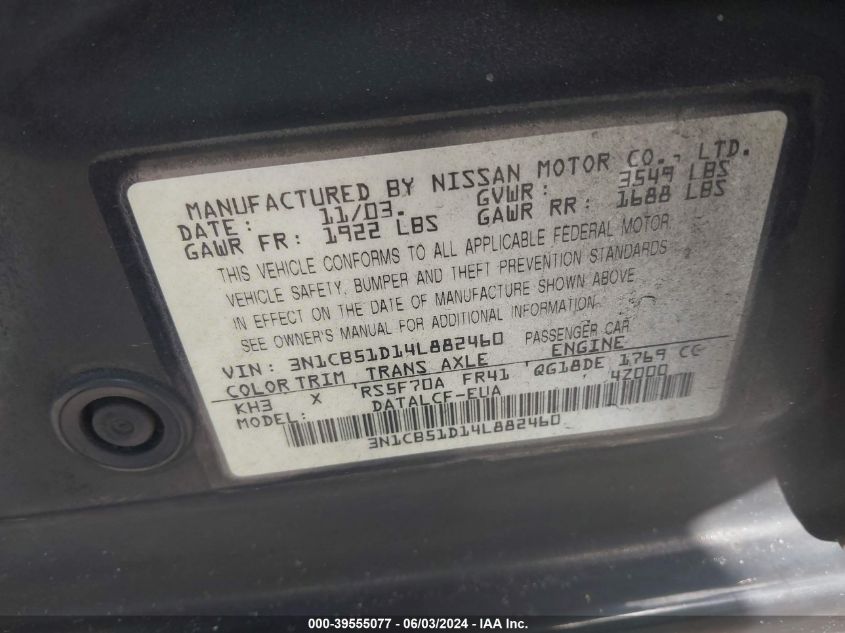 2004 Nissan Sentra 1.8/1.8S VIN: 3N1CB51D14L882460 Lot: 39555077