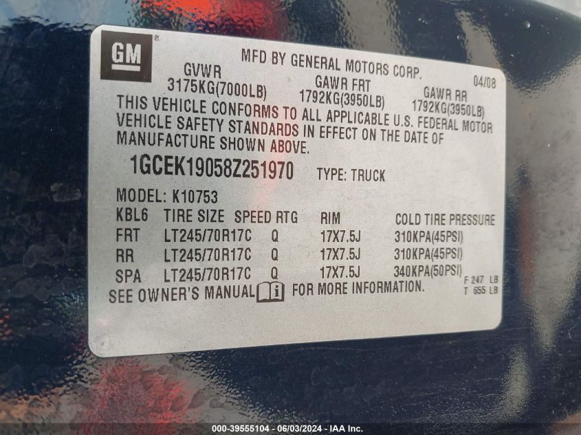 2008 Chevrolet Silverado 1500 Lt1 VIN: 1GCEK19058Z251970 Lot: 39555104