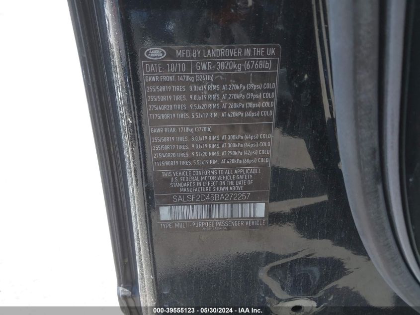 2011 Land Rover Range Rover Sport Hse VIN: SALSF2D45BA272257 Lot: 39555123