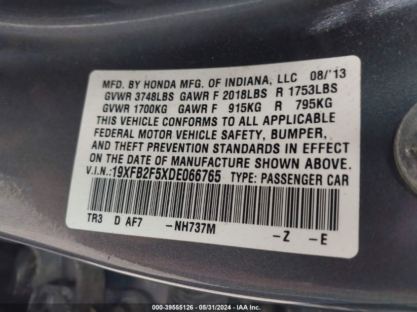 2013 Honda Civic Lx VIN: 19XFB2F5XDE066765 Lot: 39555126