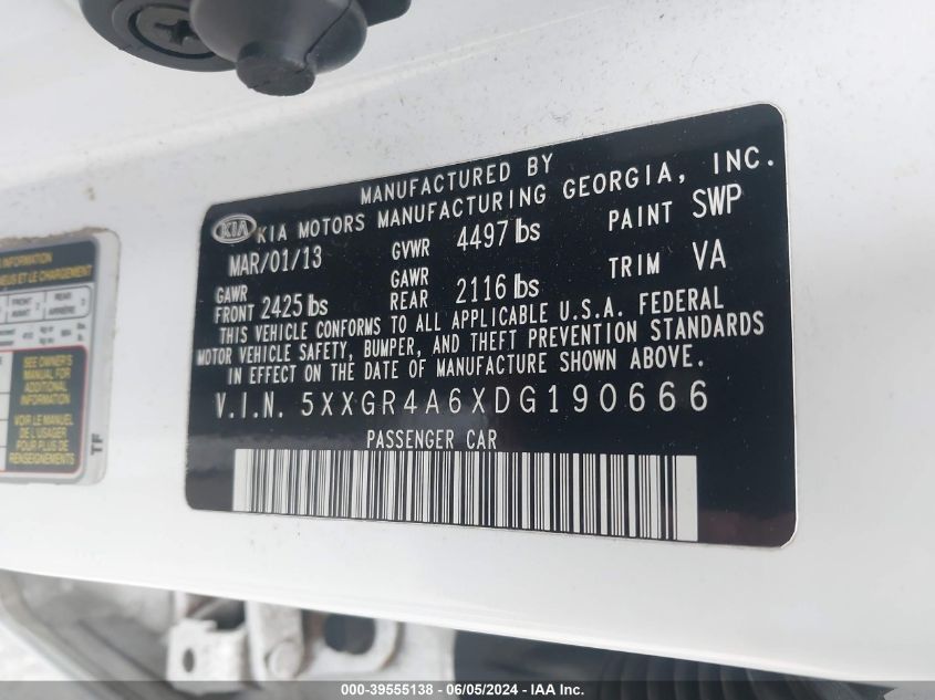 2013 Kia Optima Sx VIN: 5XXGR4A6XDG190666 Lot: 39555138