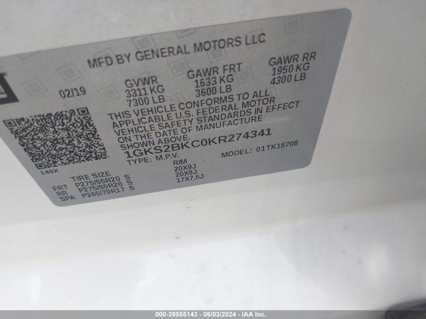 2019 GMC Yukon Slt VIN: 1GKS2BKC0KR274341 Lot: 39555143