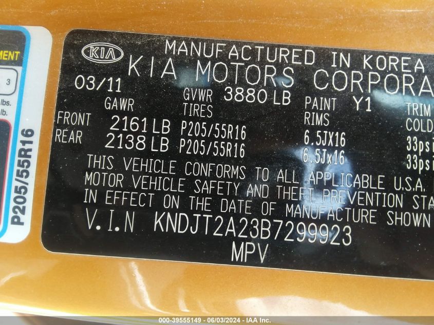 2011 Kia Soul + VIN: KNDJT2A23B7299923 Lot: 39555149
