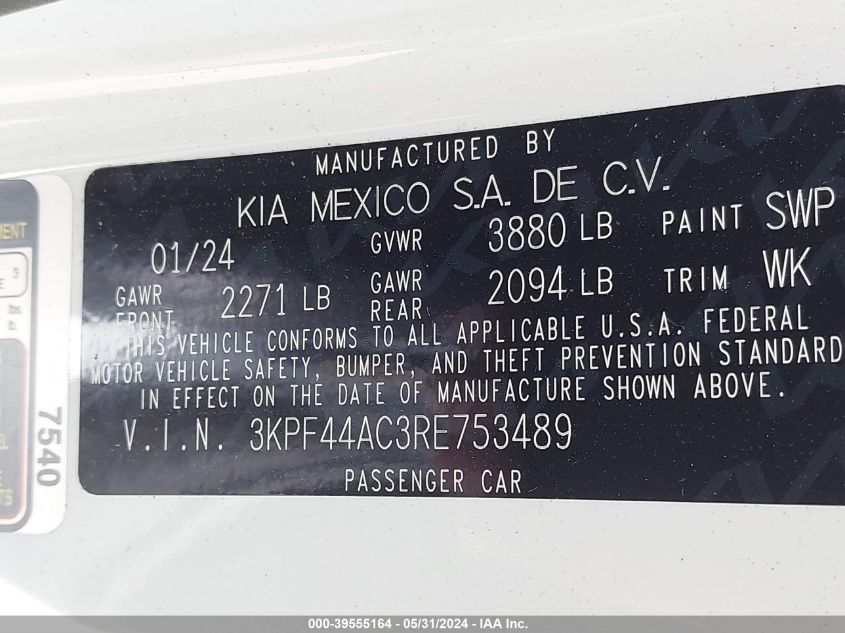 2024 Kia Forte Gt Manual VIN: 3KPF44AC3RE753489 Lot: 39555164