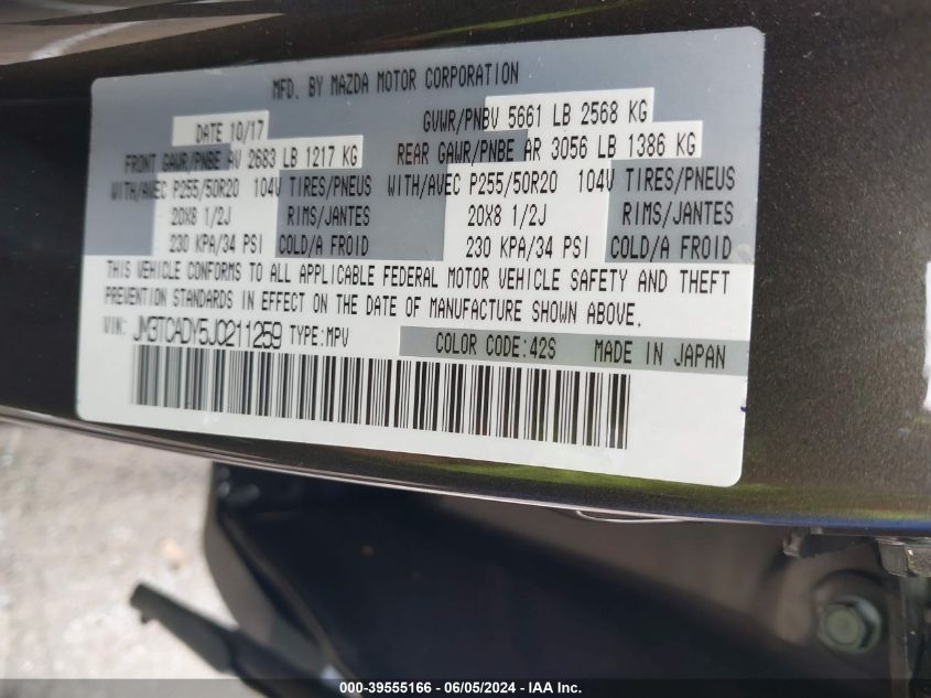 2018 Mazda Cx-9 Grand Touring VIN: JM3TCADY5J0211259 Lot: 39555166