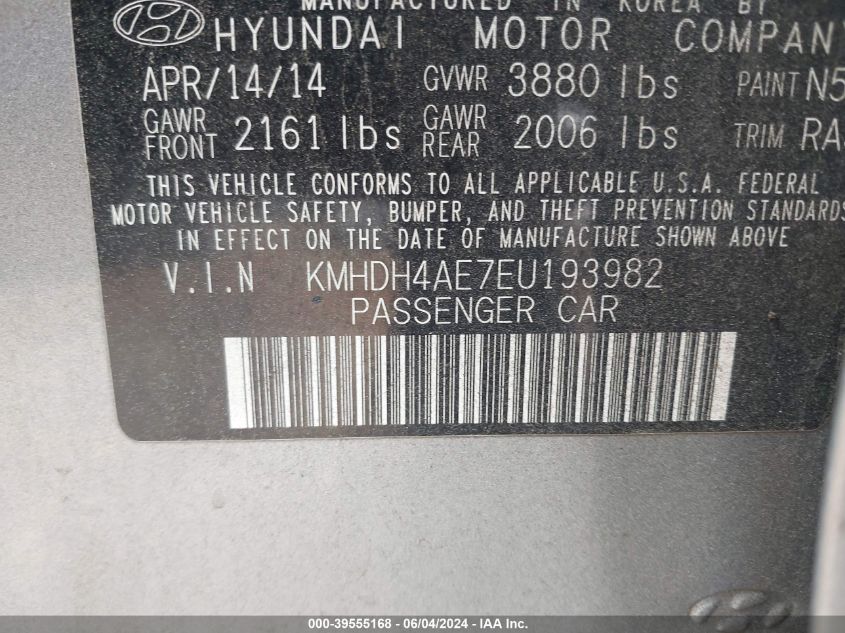 2014 Hyundai Elantra Se VIN: KMHDH4AE7EU193982 Lot: 39555168