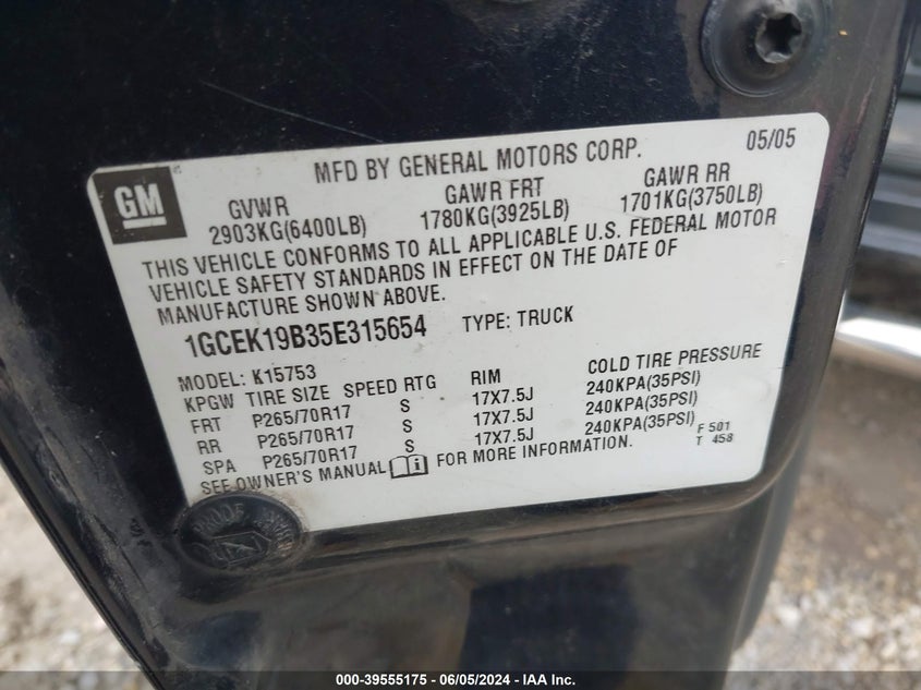 2005 Chevrolet Silverado 1500 Z71 VIN: 1GCEK19B35E315654 Lot: 39555175