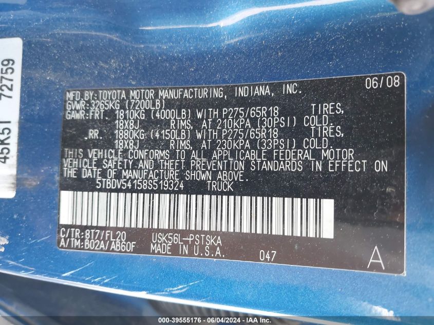 2008 Toyota Tundra Sr5 5.7L V8 VIN: 5TBDV54158S519324 Lot: 39555176